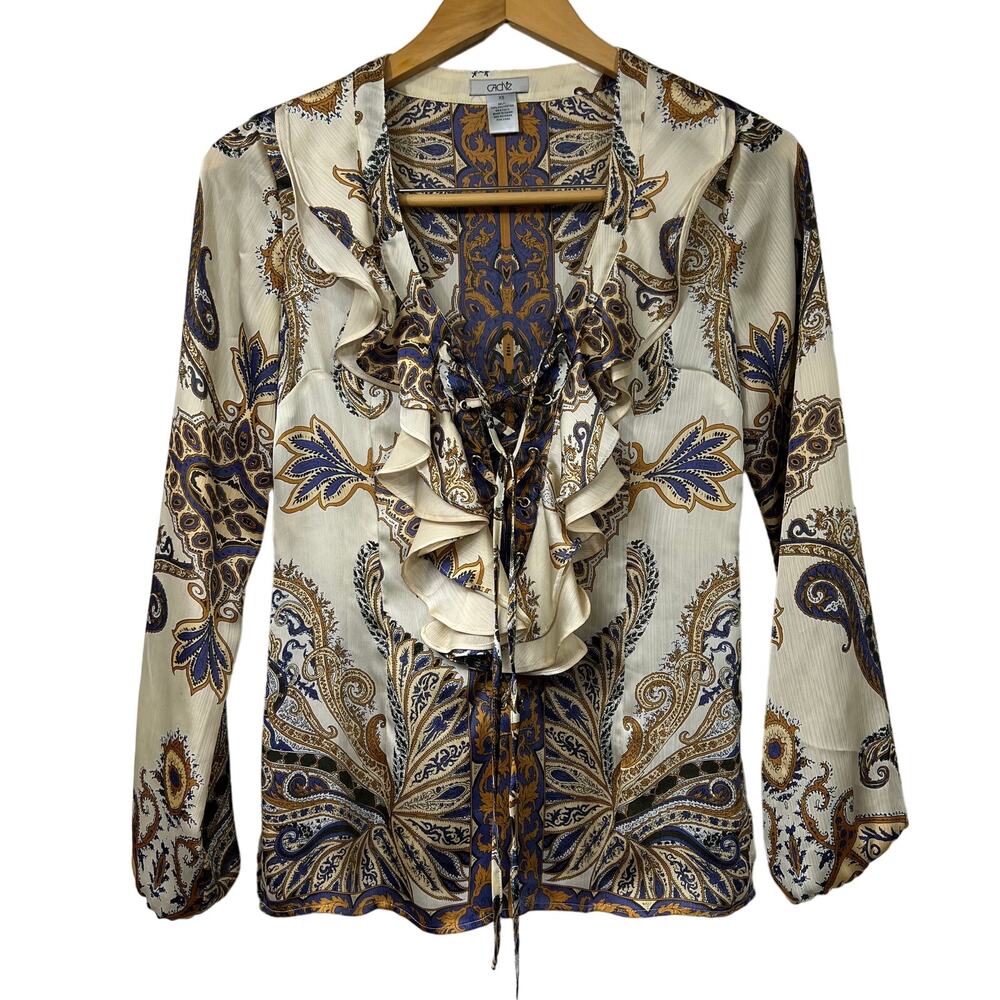 Caché Lace Up Front Ruffle Collar Blue & Gold Paisley Long Sleeve Blouse Sz XS